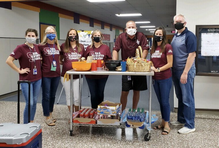 A-Team delivered room service this morning to boost teacher morale. We are very proud of our staff!  In it Together!  💗 #prideinside2021 #mymisd #slaughterliveskind #misdliveskind