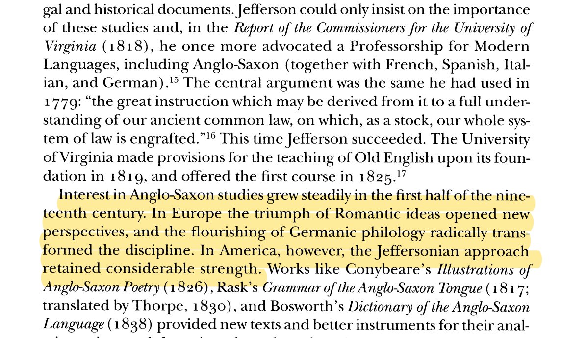 In America, its rise was tied to narratives about the historical early medieval English, as María José Mora and María José Gómez-Calderón pointed out. Thomas Jefferson, like many, pushed for study of the period as he connected it to a historical myth of the origins of common law.