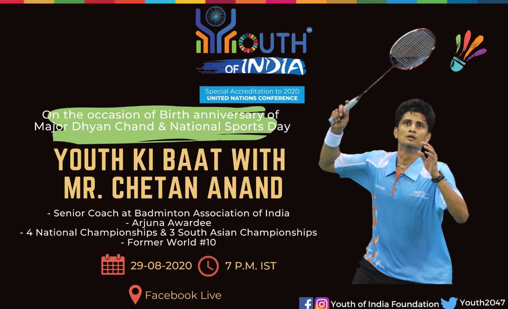 Youth2047's tweet photo. On the occasion of National Sports Day & birth anniversary of Major Dhyan Chand, join us for a Facebook live at 7pm IST with @BChetanAnand & learn about his contributions & achievements for #TeamIndia
@PMOIndia @KirenRijiju @SDG2030
@Nyksindia
#YoutVolution #BuildBackSustainable https://t.co/Eoa5PDnBpB