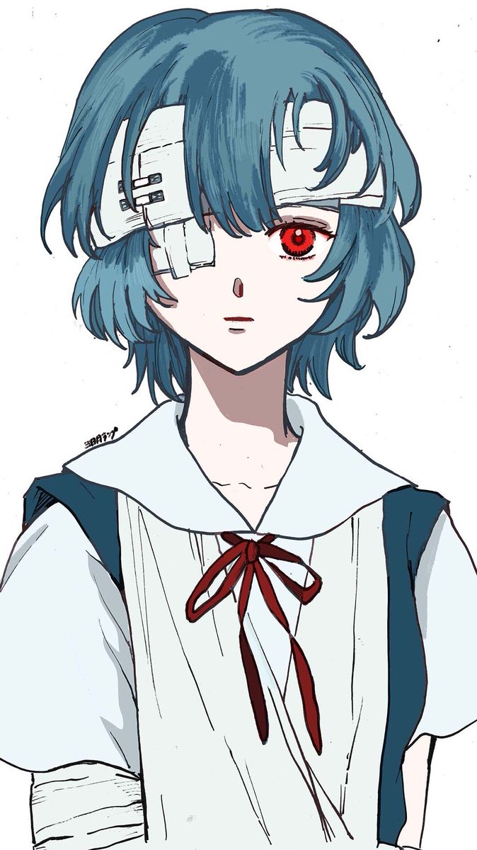 ayanami rei 1girl solo red eyes blue hair bandages school uniform bandage over one eye  illustration images
