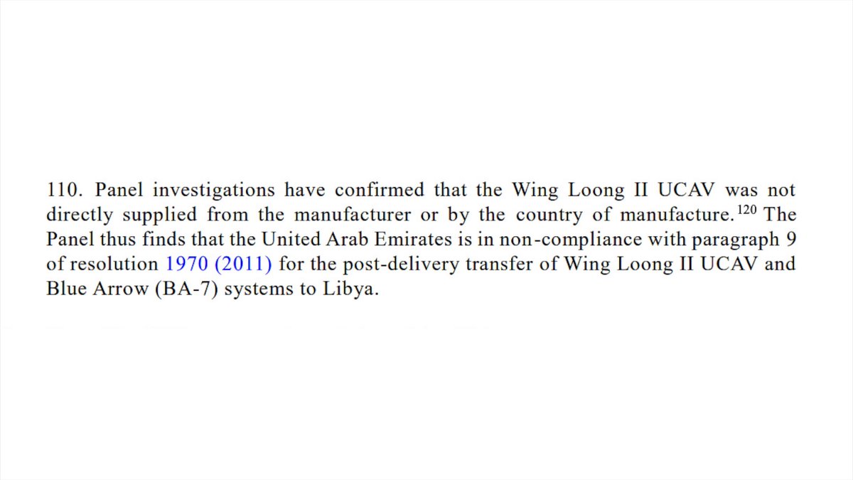 And in 2019 the UN found that, by sending Wing Loong drones and Blue Arrow 7 missiles into Libya, the UAE had violated the UN arms embargo, which exists to bring an end to this conflict and which has been in force since 2011.