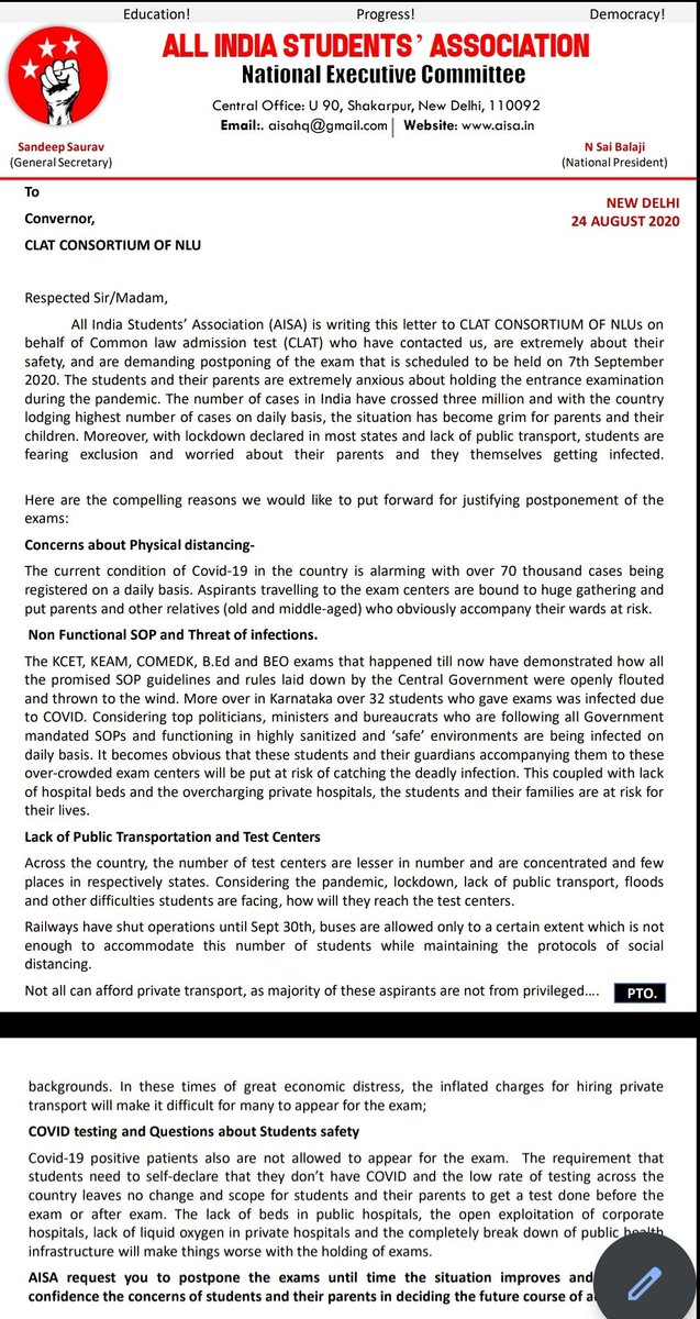AISA_tweets's tweet photo. We wrote to #CLAT consortium on 24th August demanding CLAT exam be postponed to a further date as demanded by students
The CLAT consortium has yielded to students' demands &amp; postponed the exam to 28th September. A small victory. 
#StudentsInSCForJustice, 
#SpeakUpForStudentSafety https://t.co/oWaJov0sjH