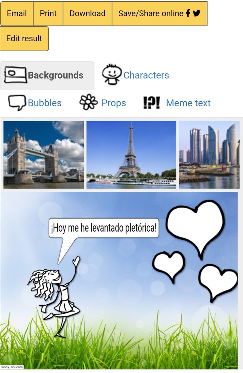 Otro generador para que los alumnos puedan plasmar ideas a modo de dibujo. Está genial.
1.Elegir escenario 
2.Personaje/accesorios
3.Añadir texto en un bocadillo 🗯️
Se puede descargar y compartir. 
No necesitan registro. Lo hacen en línea con el enlace👇
toonytool.com