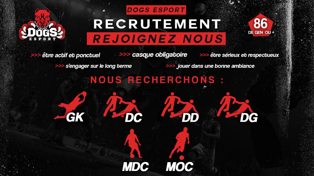 Afin de refaire une équipe compétitive Les Dogs Esport remonte leur équipe pour être la plus performante possible!
A savoir : 
▶ Dispositif : 3-5-2 / 4-2-3-1
▶ Sessions du dimanche au jeudi de 20:50 à 23:00
▶️18 ans minimum
notre serveur discord :
discord.gg/s7qsRz2
