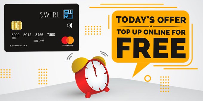 SWIRL_Card's tweet image. Get Free Top Ups Online and via Mobile App ALL DAY TODAY.

Get Your Card Now : bit.ly/3lBn8nE
#swirlprepaidmastercard #swirlgiftcard #onlineshopping #secureonlineshopping #onlinepayment #travelcashcard #prepaidmastercard #FreeTopUP