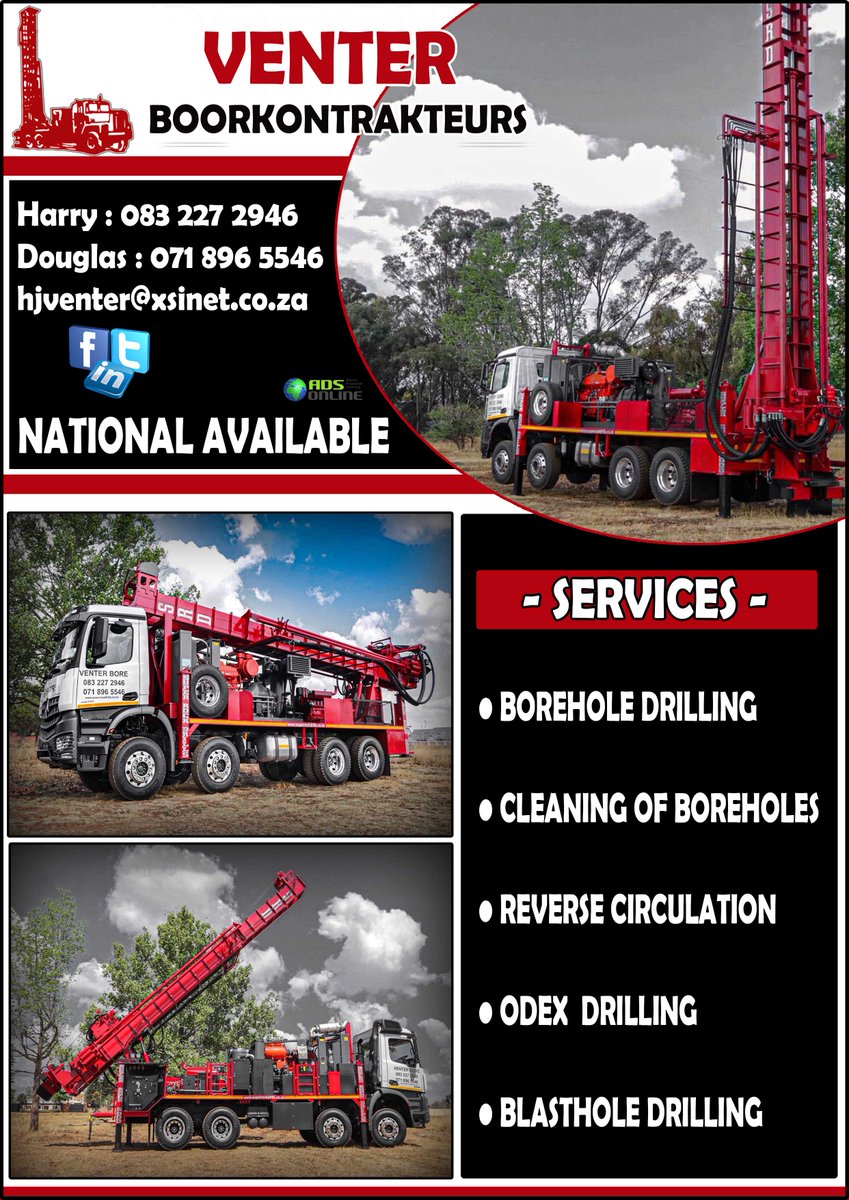 Venter Boorkontrakteurs | Limpopo (Nationaly Available)

Harry : 083 227 2946
Douglas : 071 896 5546
hjventer@xsinet.co.za

#BoorkontrakteursLimpopo
#BoreholeDrilling
#DrillingContractorsLimpopo
#ODEXDrilling
#BlastholeDrilling