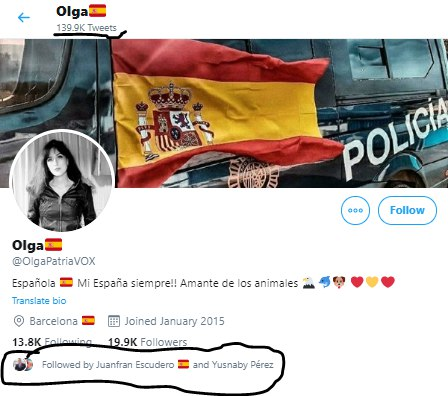 OlgaPatriaVOX es la siguiente cuenta, como dice su nombre es simpatizante de VOX, 140K tuits, además de a Trump y cuentas de VOX retuitea diarios de fake news principalmente como OkDiario, NaciónDigital, Caso Aislado, etc.