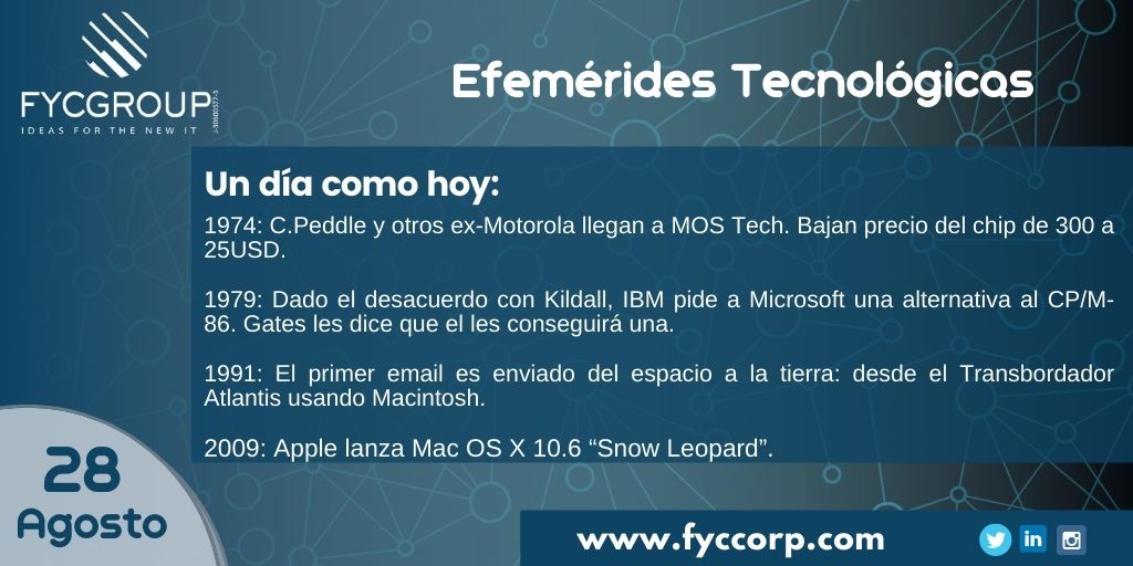 fycgroup's tweet photo. Tal día como hoy
#QuedateenCasa #EfemeridesTecnologicas #EfemeridesAgosto #Telecomunicaciones #Tecnología #Sistemas #IBM #Microsoft #EmailManagement #AppleMac #Applemacosx #TeleTrabajo #AtencionRemota #FycGroup #Fyccorp #FYC https://t.co/QZ4srWELxN