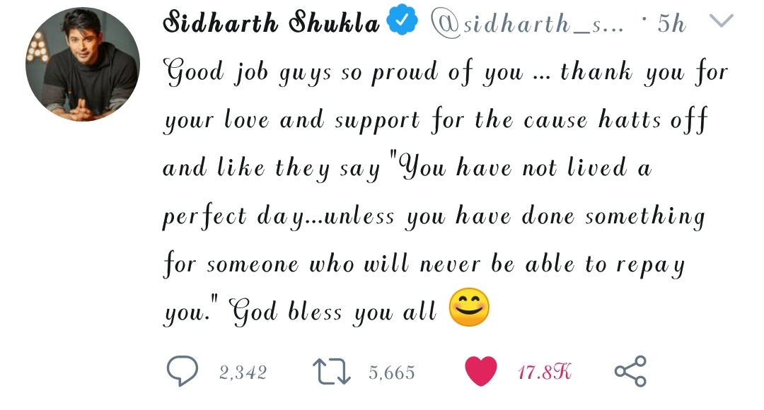 * He always tweet something that motivates us bcz he believes in spreading positivity. Whether is to tweet something good to motivate us or giving a ig story to help someone who need , he always made us proud .We r proud to follow his path #ProudToStanSidharth