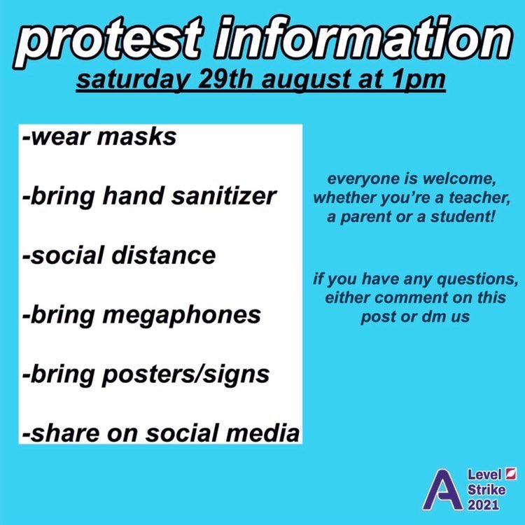angrystudent21's tweet photo. ❗PROTEST TOMORROW ❗
Time this government listened to those who face the consequences of their decisions rather than just party donors. @GavinWilliamson time for you to listen. #Alevelprotests #alevel21strike #alevels2021 https://t.co/saBEzLJgSJ