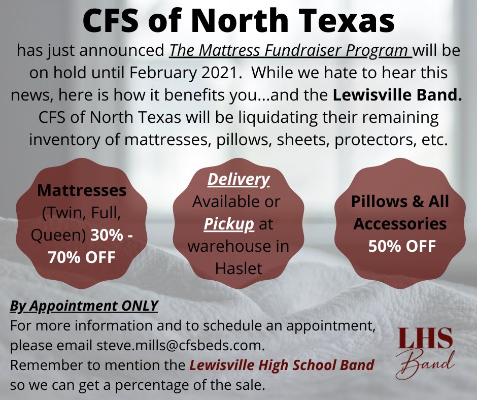 LewisvilleBand's tweet photo. Do you love amazing deals that support a great cause? We have a great opportunity for you! These deals won’t last long so email Steve.mills@cfsbeds.com today for more info. https://t.co/XMYEVfZzoa