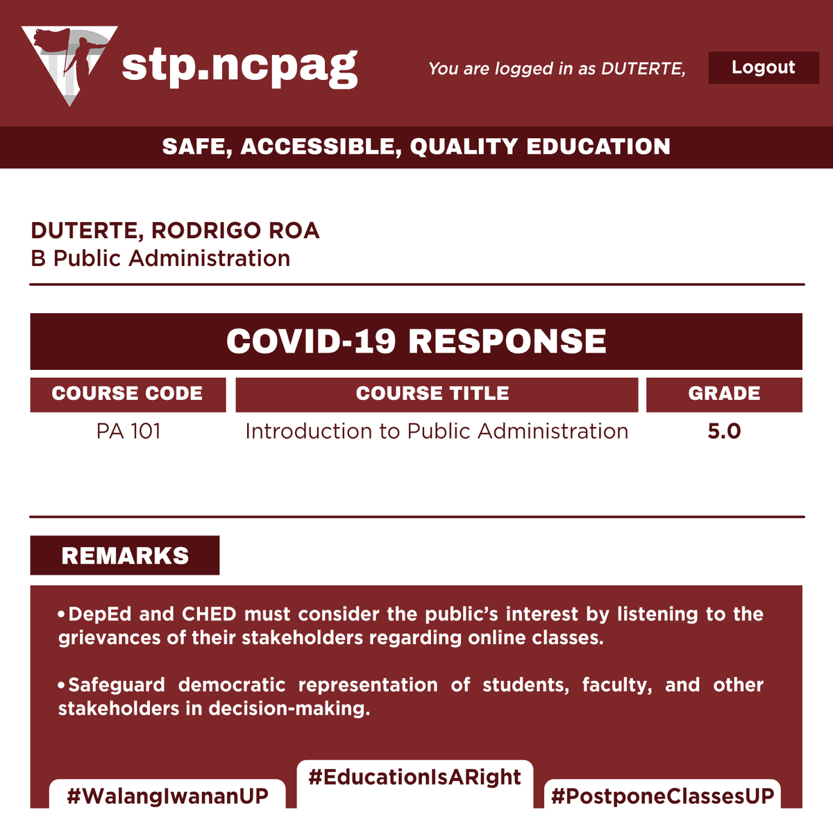 PA 101: Introduction to Public AdministrationGrade: 5.0 PA 112: Information, Communication Technology and Knowledge Management in the Public SectorGrade: INC