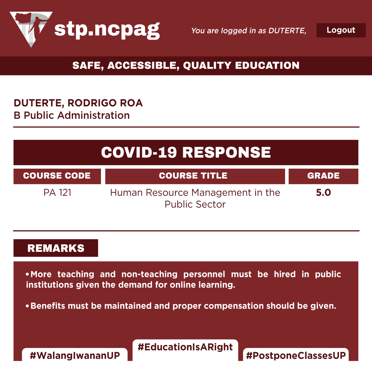 PA 121: Human Resource Management in the Public SectorGRADE: 5.0PA 131: Public Fiscal ManagementGrade: INC