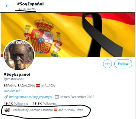 PastroRodri  #SoyEspañol, como la cuenta anterior tiene 140K tuits, y su contenido principal es VOX y cuentas que difunden fake news. Es la única cuenta suspendida de las analizadas, por lo que no he podido hacer el análisis completo de su perfil, aunque ya podéis imaginarlo.