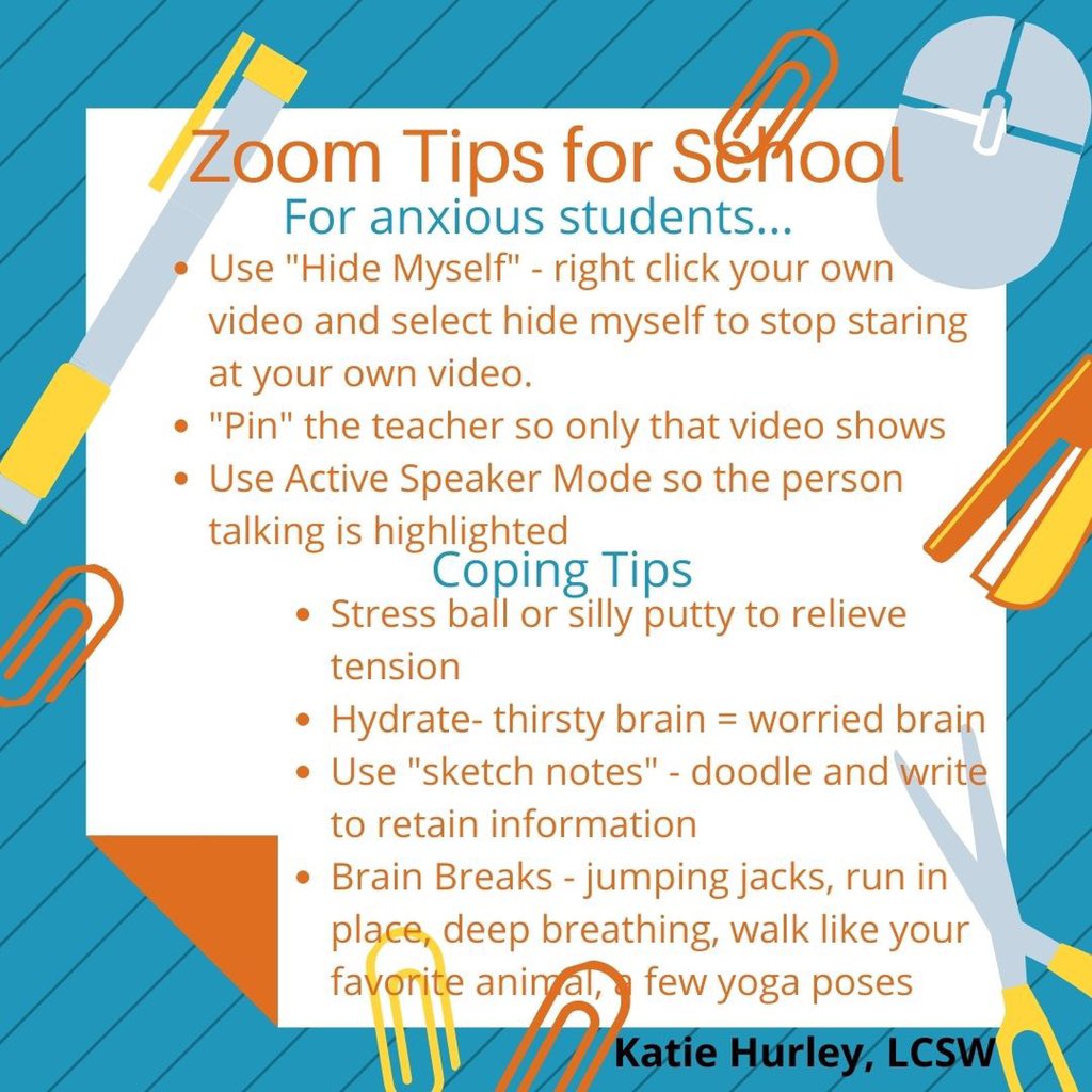 Some of my anxious kids express feeling uncomfortable on zoom for a few reasons. Feeling like people are watching you can be anxiety producing. This is a hard time to be a student or a teacher. Hope some of these tips help. We all need to find coping skills that work for us.
