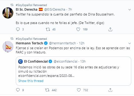 PastroRodri  #SoyEspañol, como la cuenta anterior tiene 140K tuits, y su contenido principal es VOX y cuentas que difunden fake news. Es la única cuenta suspendida de las analizadas, por lo que no he podido hacer el análisis completo de su perfil, aunque ya podéis imaginarlo.