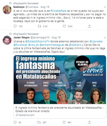 PastroRodri  #SoyEspañol, como la cuenta anterior tiene 140K tuits, y su contenido principal es VOX y cuentas que difunden fake news. Es la única cuenta suspendida de las analizadas, por lo que no he podido hacer el análisis completo de su perfil, aunque ya podéis imaginarlo.