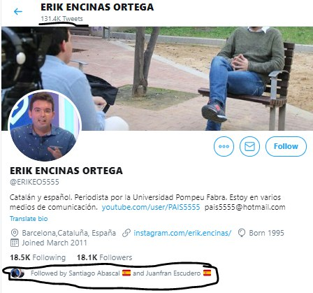 ERIKEO5555 (Erik Encinas) es la siguiente cuenta, contenido de diarios de fake news españoles, apoyo y difusión de la mani antimascarilla de Madrid y de consignas negacionistas. Como todas las anteriores es seguida por JuanFra Escudero y Yusnaby