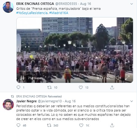 ERIKEO5555 (Erik Encinas) es la siguiente cuenta, contenido de diarios de fake news españoles, apoyo y difusión de la mani antimascarilla de Madrid y de consignas negacionistas. Como todas las anteriores es seguida por JuanFra Escudero y Yusnaby