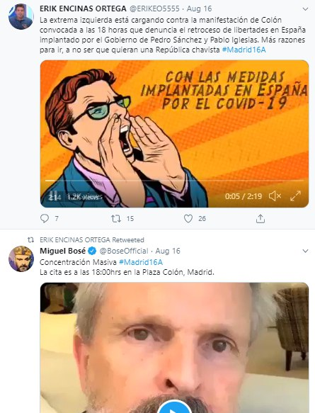 ERIKEO5555 (Erik Encinas) es la siguiente cuenta, contenido de diarios de fake news españoles, apoyo y difusión de la mani antimascarilla de Madrid y de consignas negacionistas. Como todas las anteriores es seguida por JuanFra Escudero y Yusnaby