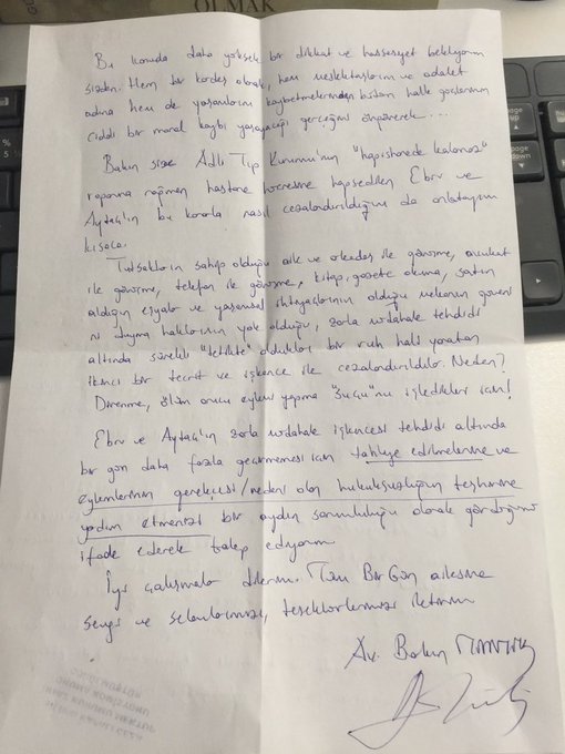 Writing to her sister recently, Barkın Timtik - also a lawyer & also in prison - wrote to  #EbruTimtik."It as an intellectual responsibility to help expose this illegality", she said.On this dark day, Barkın, we hope that Ebru's death reminds the world of that responsibility.