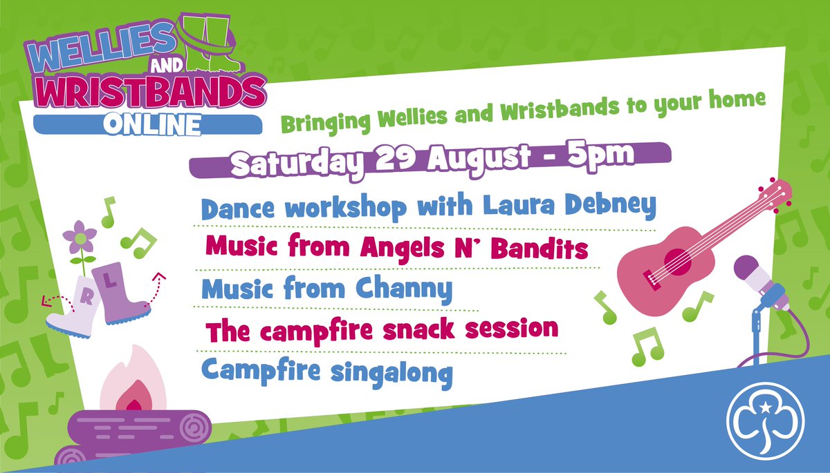 It's almost time! Click here to see the full schedule for #WelliesAndWristbands online: girlguiding.org.uk/what-we-do/eve…