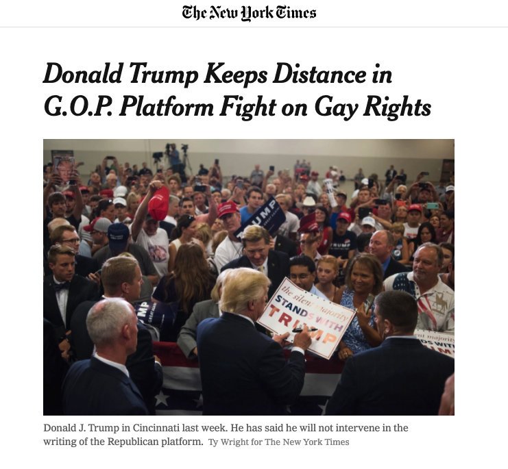 So then in a different NYT article, by  @jwpetersNYT, he contorts himself to make it sound like Trump wasn't on board with the GOP platform (the same one that's being used this year, btw) on marriage. But that was based on... nothing.