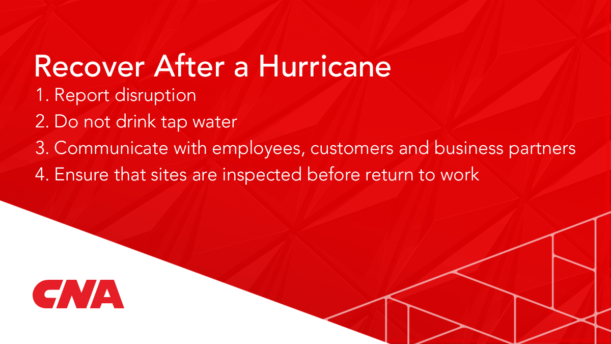CNA_Insurance's tweet photo. Immediately following a hurricane or tropical storm and once local authorities have confirmed it is safe to return to work, businesses must start the recovery phase. CNA experts are ready to help navigate the steps towards resuming operations: https://t.co/dzpeUqsvs4 https://t.co/wk8jrKadME
