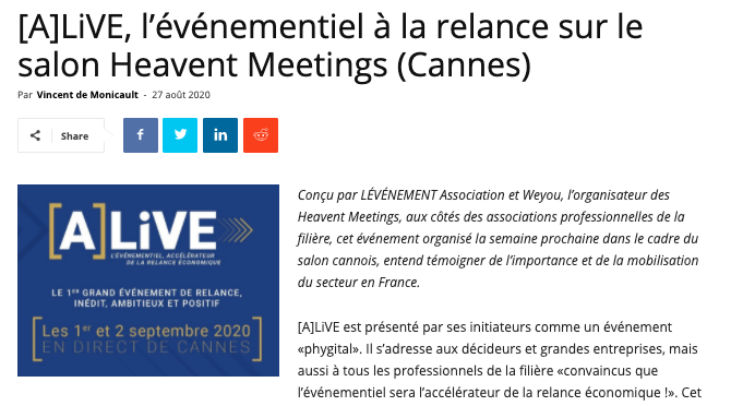 "[A]LiVE est présenté par ses initiateurs comme un événement «phygital». Il s’adresse aux décideurs et grandes entreprises, mais aussi à tous les professionnels de la filière «convaincus que l’événementiel sera l’accélérateur de la relance économique !»." bit.ly/3lpOe0M