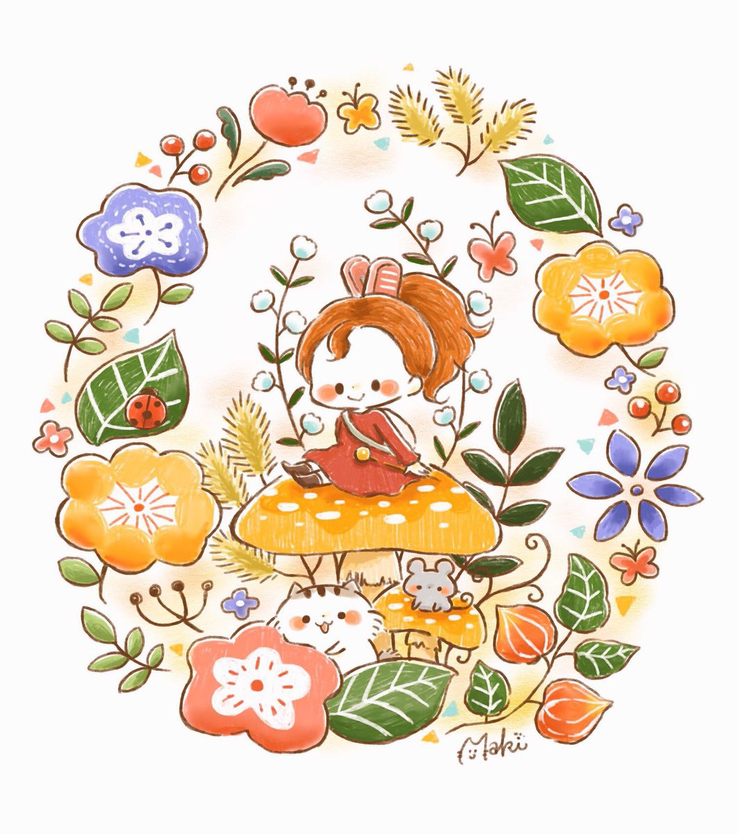 1girl flower dress mushroom smile orange flower ponytail  illustration images