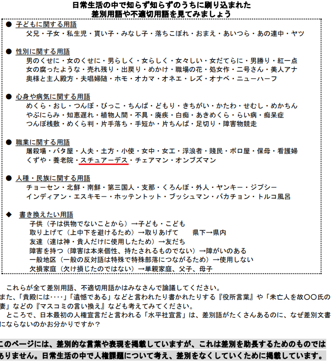 隠れ里 En Twitter 議論してくださいとはあるものの 差別用語 不適切用語として某自治体が掲げている表なのだが スチュアーデス という言葉は初めて聞いた T Co Mkbss1drsc