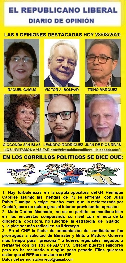#DiariodeOpinion ANÁLISIS INTELIGENTE, DE  VENEZUELA PARA EL MUNDO, INTERNACIONALES Y NACIONALES,  OPINIONES DESTACADAS, NOTICIAS, elrepublicanoliberalii.blogspot.com  hoy  MARTES 25/08/ @solmorillob   @gamusraquel   @vabolivar   @trinomarquezc    @daVinci1412   @leandrotango   @rvjuandedios