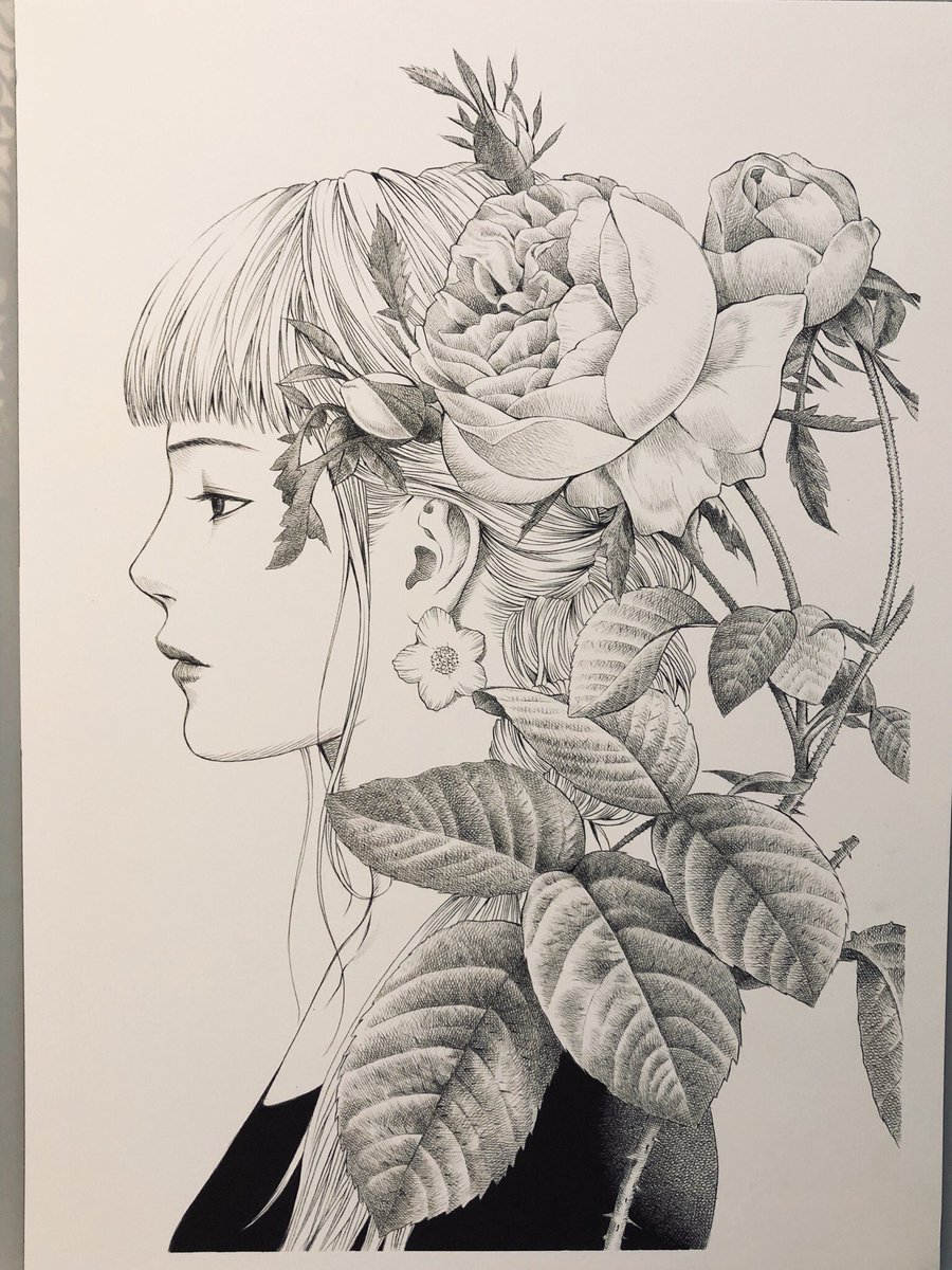 藤の花のバックに和服美人を描いてみた。やっぱり横顔がサマになる。こんな感じの花と美人のペン画をシリーズで描いてみるのも良いかなあと思った。 