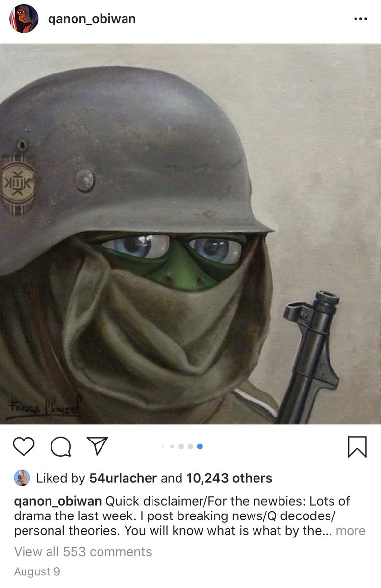 Brian Urlacher liked posts from this Qanon account that proudly embraces the “tin foil hat” Pepe meme. And notice that “kek” helmet on the other Pepe? Both Pepe and kek are associated with alt-right.The kek flag is modeled after the Nazi flag and is used by white supremacists.