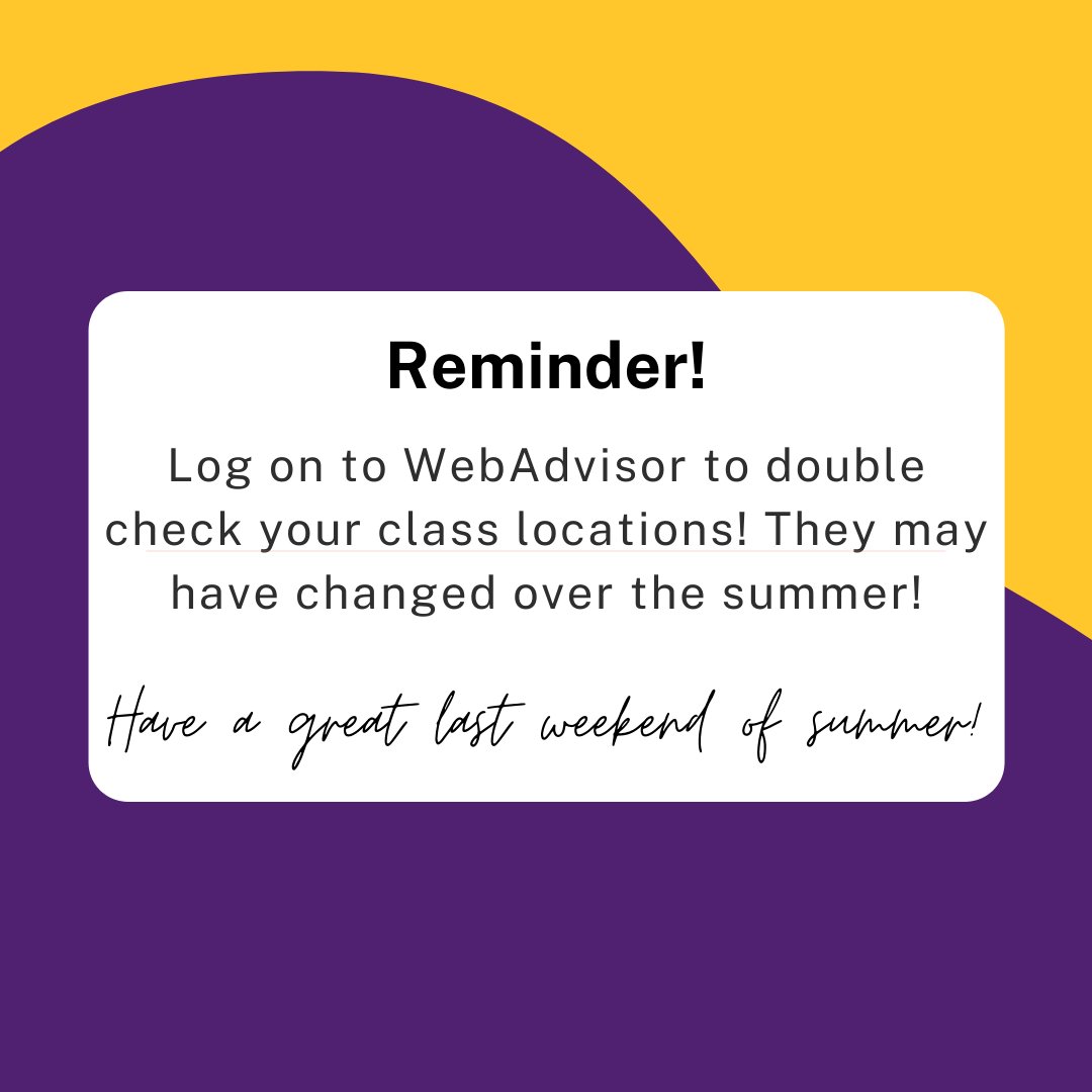 ashlandadvising's tweet photo. Are you ready for classes to start on Monday? Make sure you double check your schedule on WebAdvisor to ensure your class locations haven't changed! #CenterForAcademicSupport #LastWeekendOfSummer https://t.co/4IoLhpd5Qi