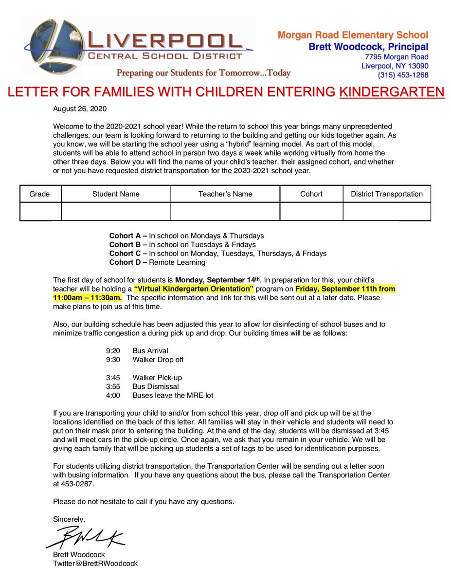 BrettRWoodcock's tweet photo. UPDATE FOR MRE FAMILIES: You will be receiving the letters below in the next day or so. We have changed the time for Virtual Kindergarten Orientation and Virtual Meet the Teacher. On September 11th, K Orientation will start at 11:00am and Meet the Teacher will start at 11:30am. https://t.co/hZeUGNC7e8