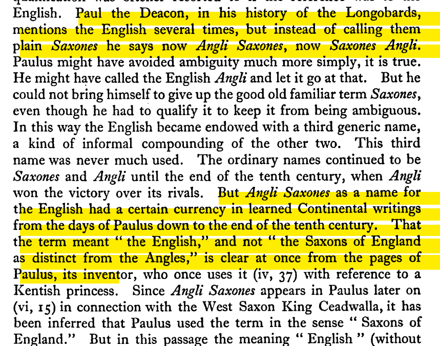 Malone traced the term "Anglo-Saxon" to the continent, first to Paul the Deacon, then spreading throughout continental writers.