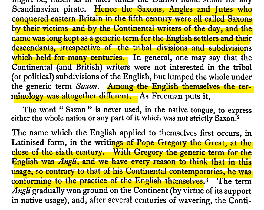 Malone also argued that the term used by the early medieval English for themselves was "English." Some non-English called them the "Saxons," but their own name for themselves was consistently "English."