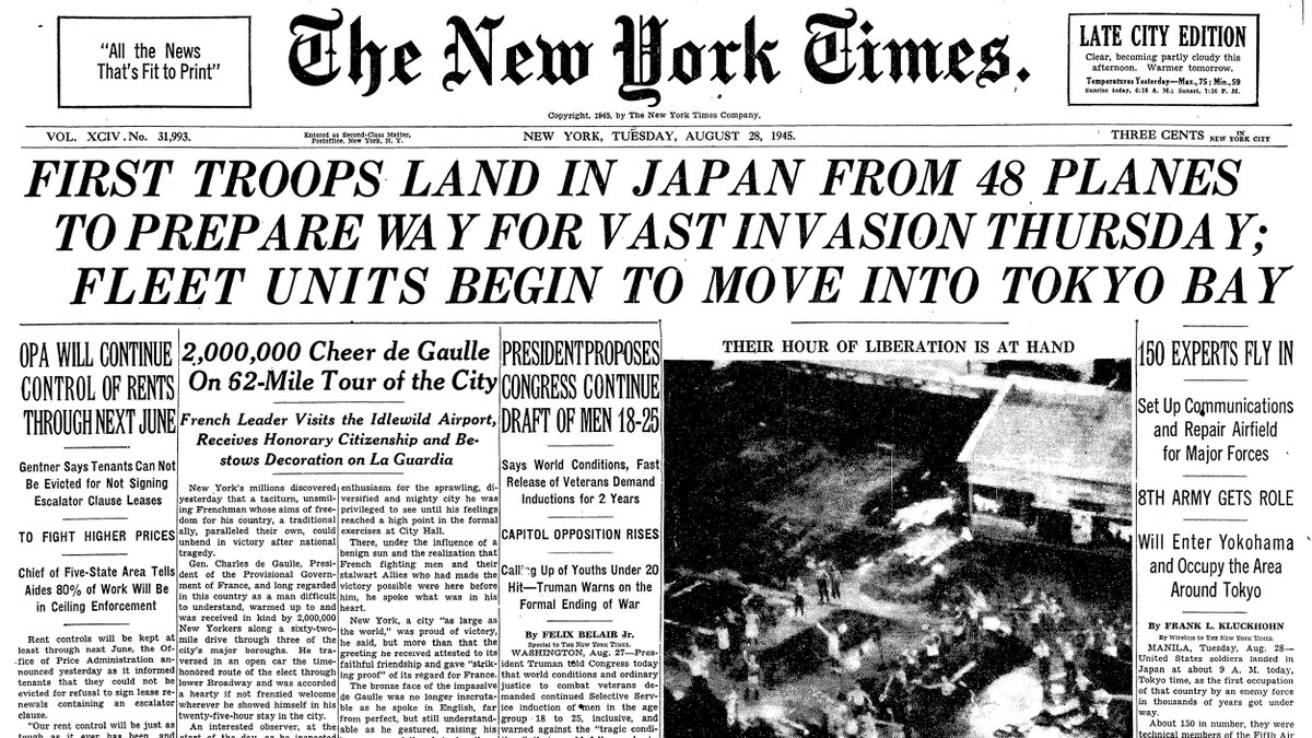 Aug. 28, 1945: First Troops Land in Japan From 48 Planes to Prepare Way for Vast Invasion Thursday; Fleet Units Begin to Move Into Tokyo Bay  https://nyti.ms/2D7o01T 