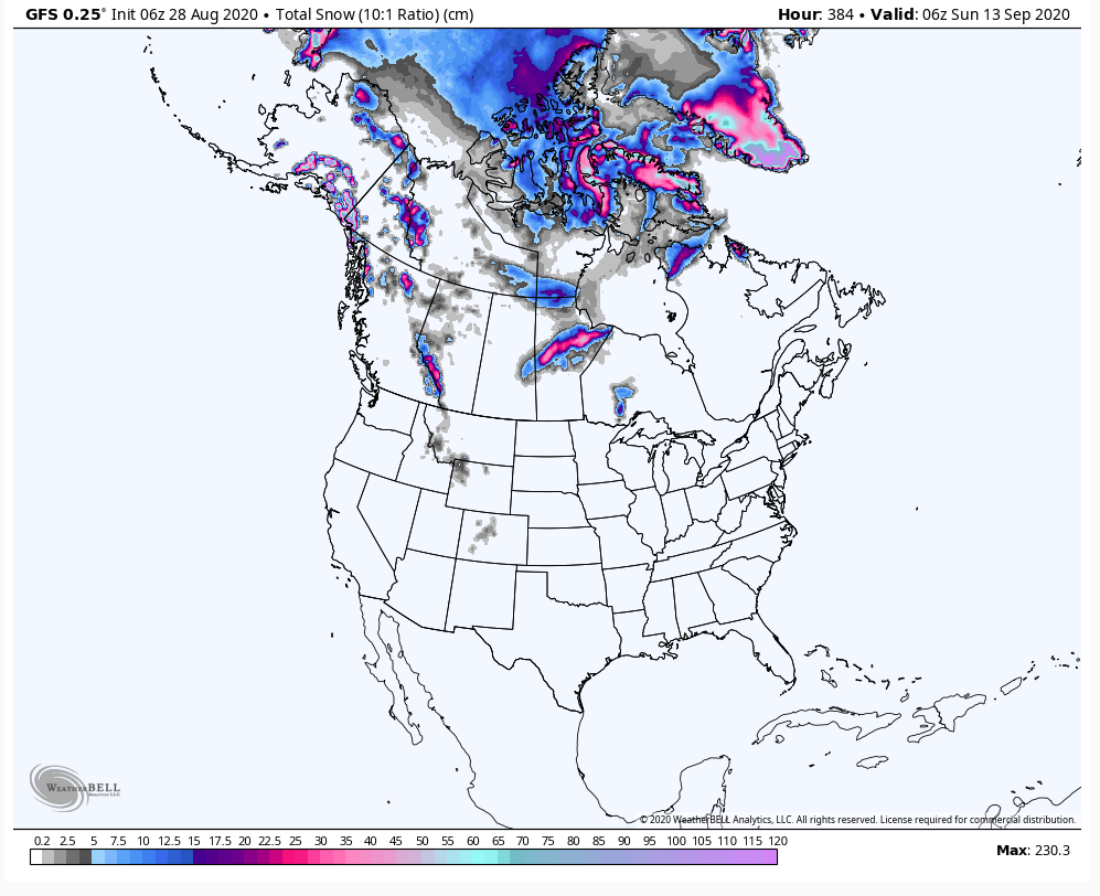 wxbywilliams's tweet photo. The first snows of the season will come to parts of northern/western Canada, Alaska & the northern U.S. Rocky Mountain summits during the 1st two weeks of September. Models also showing very cool air invading many central/eastern states during the 2nd week. #TimeForACoolChange https://t.co/R2cgvNSnQb