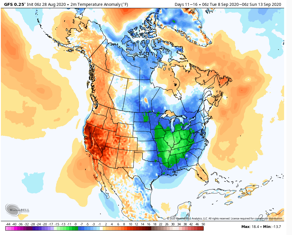 wxbywilliams's tweet photo. The first snows of the season will come to parts of northern/western Canada, Alaska & the northern U.S. Rocky Mountain summits during the 1st two weeks of September. Models also showing very cool air invading many central/eastern states during the 2nd week. #TimeForACoolChange https://t.co/R2cgvNSnQb