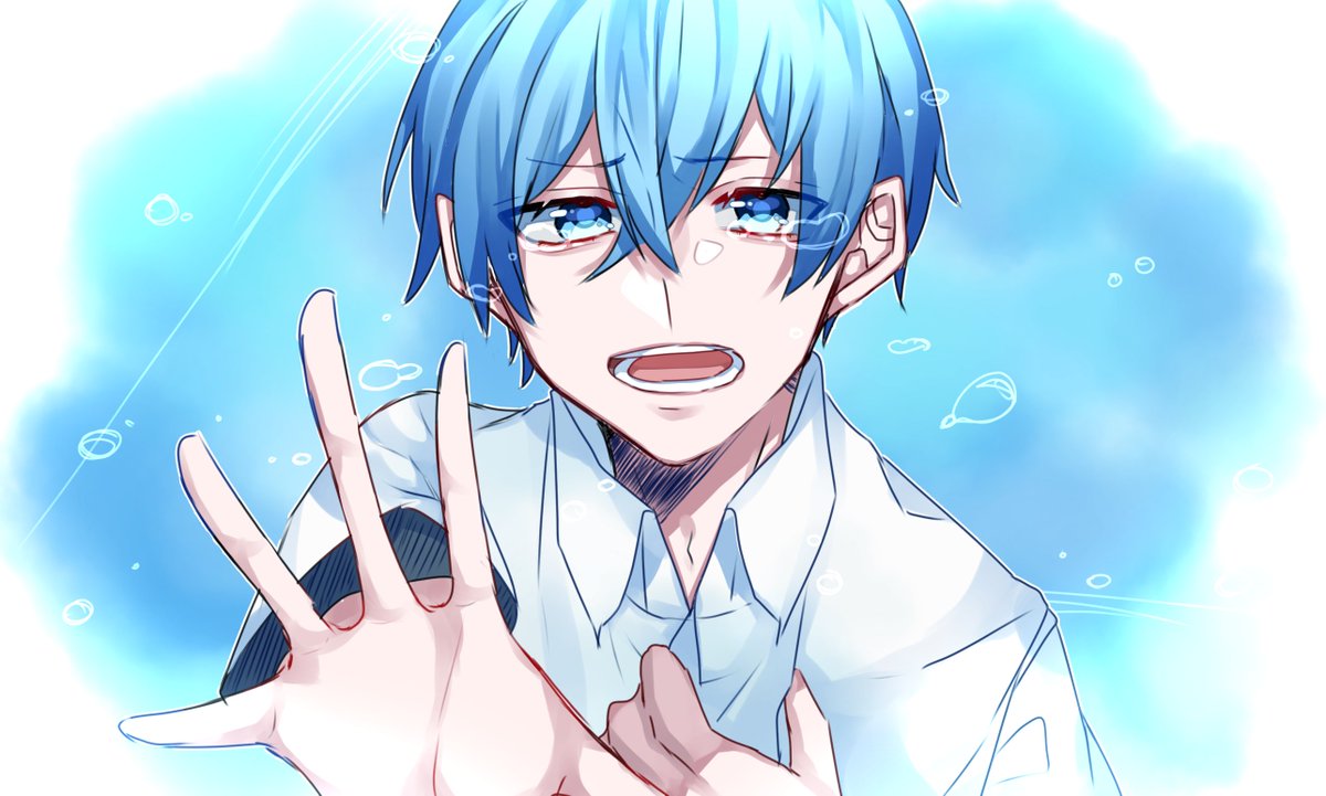 1boy male focus blue eyes blue hair shirt solo open mouth  illustration images