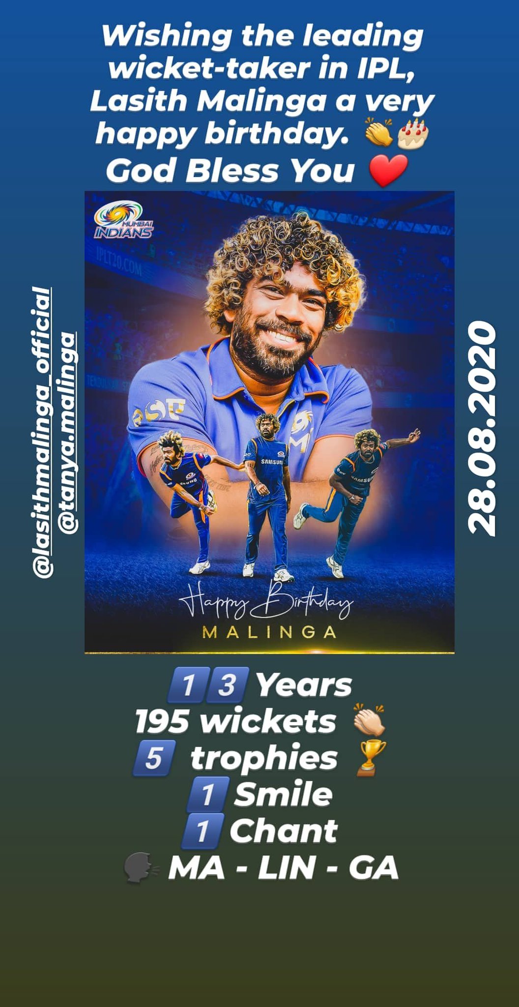  Wishing the leading wicket-taker in IPL, Lasith Malinga a very happy birthday.  God Bless u   