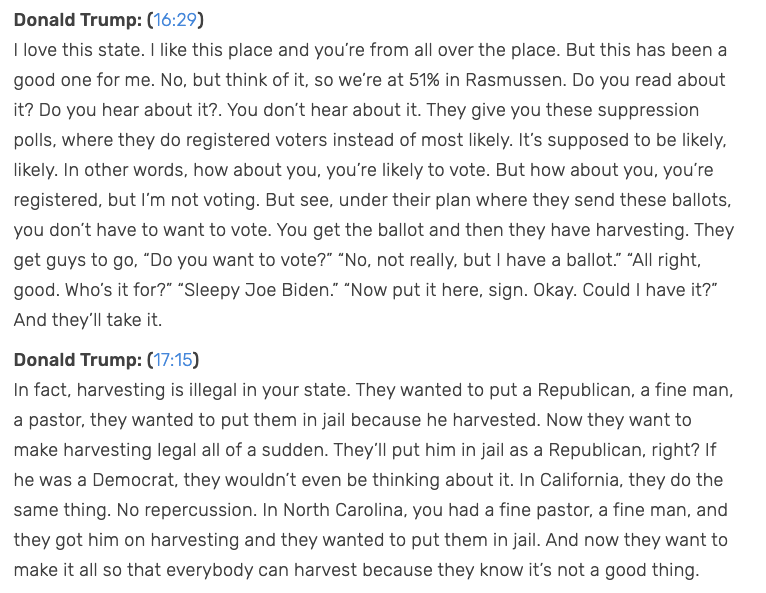 5/ The President goes into detail about vote "harvesting" and claims Democrats are doing it (there was a GOP scandal in North Carolina in 2016 around harvesting).