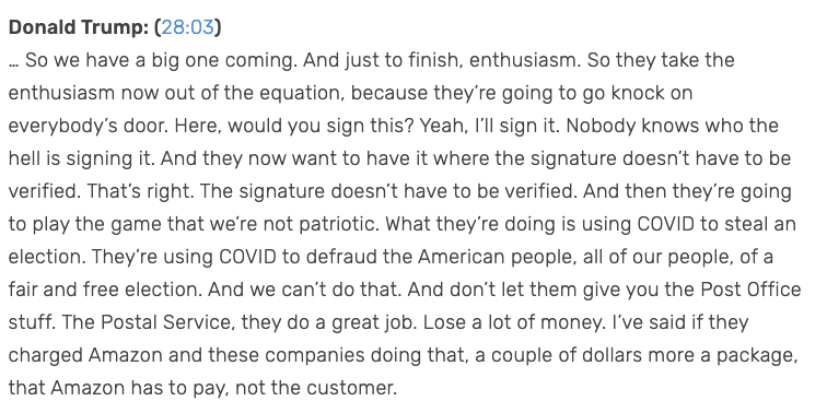 9/ "What they’re doing is using COVID to steal an election. They’re using COVID to defraud the American people, all of our people, of a fair and free election. And we can’t do that."