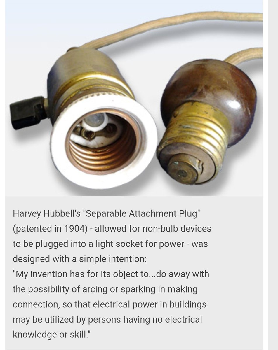 Let's go back to the beginning of the story. Earlier, the use of electricity was limited to lighting bulbs in houses. The bulbs were screwed into lamp holders.In 1904, Hubbell invented a plug that allowed non lighting devices to be screwed into lamp sockets. 2nd pic - toaster