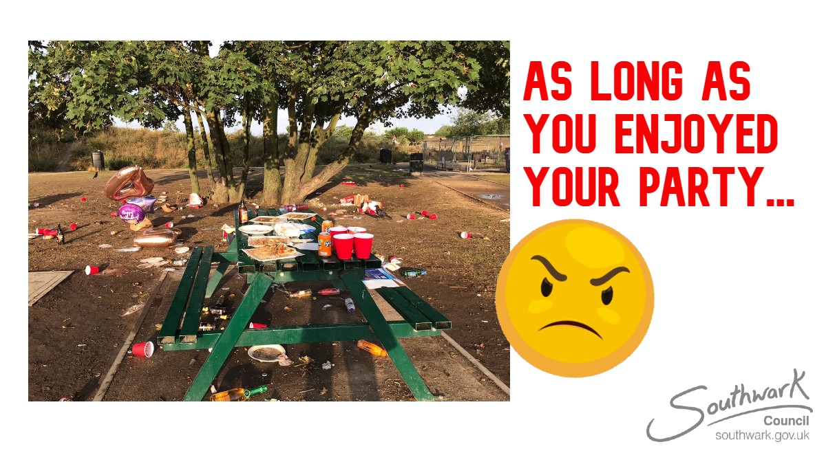 lb_southwark's tweet photo. Hello! If this was your birthday party in Burgess Park we hope you enjoyed yourself, but next time why not show some respect for our staff and other park users and tidy up your appalling mess before you leave? Our green spaces are for everyone - help us keep them clean and safe https://t.co/ba1OmPgwV3