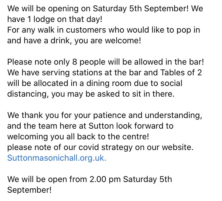 suttonmasonic's tweet image. Please look on our website for our covid strategy for opening. 
Suttonmasonichall.org.uk we look forward to opening next weekend.
