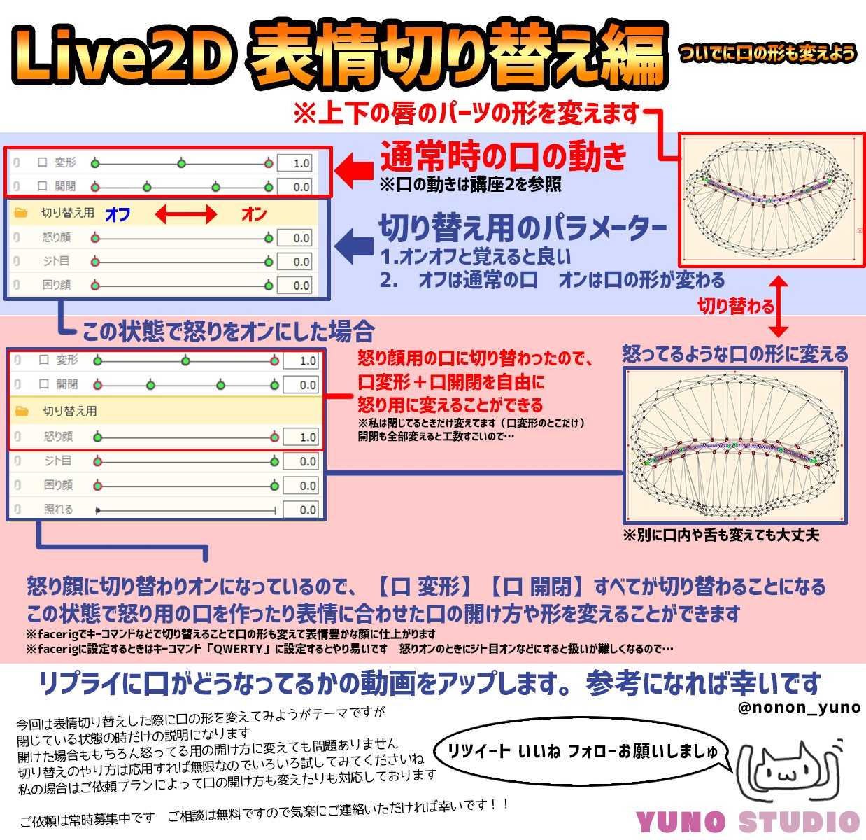 ののん 𝗇𝗈𝗇𝗈𝗇 Live2dモデラー 表情切り替え時の口はこんな感じの動きになっております 閉じている状態の時だけ形を変えてます 口の開け方も作りこむのもとっても良いですよ Live2d Vtuber Vtuber準備中 Facerig T Co P0okbests9