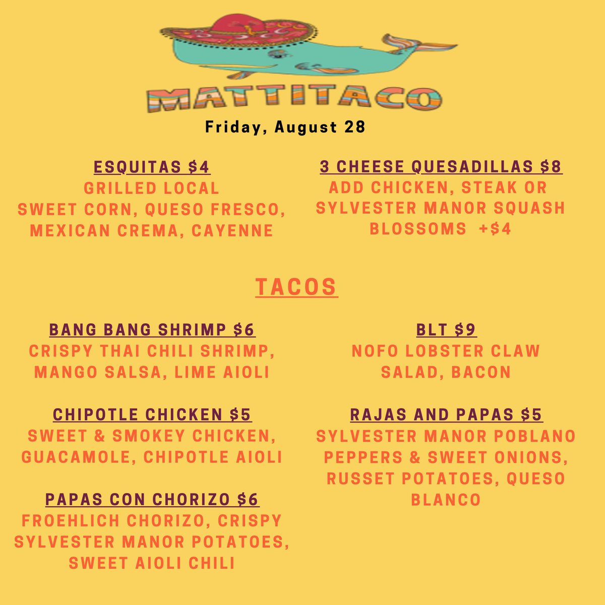 Mattitaco is back at it this Friday from 1-8pm! Stop by and pick up a taco--Bang Bang Shrimp, Rajas and Papas (made with our own poblano peppers), BLT and more! Located in the parking lot of the Farmstand, so it’s easy to drop in and pick up some produce for your weekend needs!
